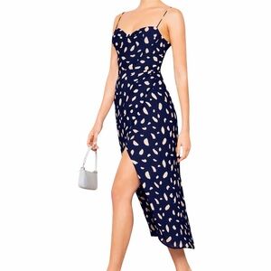 Reformation Kourtney Midi Blue Beige Splotch Print High Slit Sweetheart Dress S4